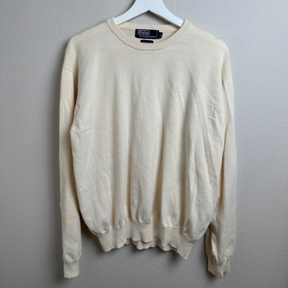 Polo Ralph Lauren Crewneck Sweater XL Regular Cream 100% Cotton Knit Ribbed Trim